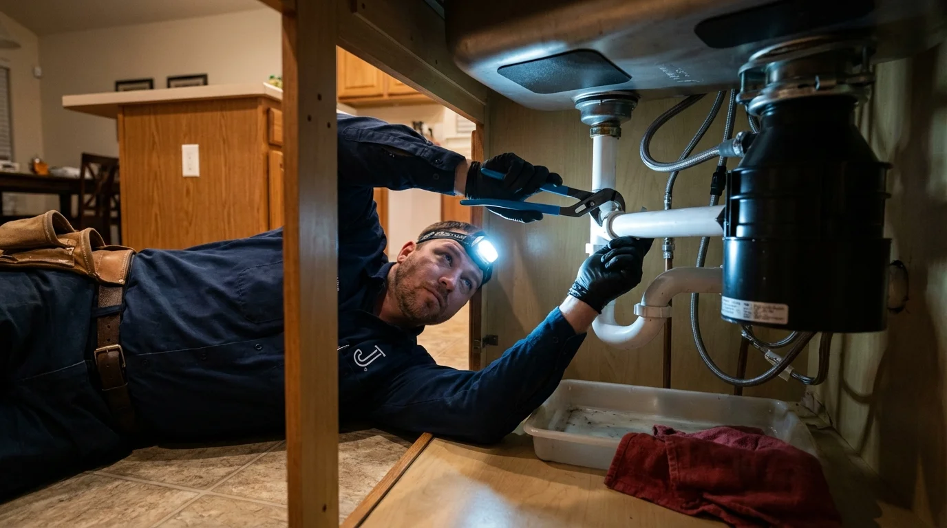 P-trap and supply line connections under a kitchen sink showing a common leak point in Warrenton, NC